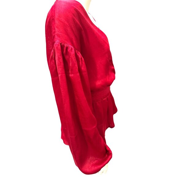 A Calin Red Wrap Blouse Small Flying Tomato Tie Waist Puff Sleeve Peplum Top Sm - Picture 5 of 10